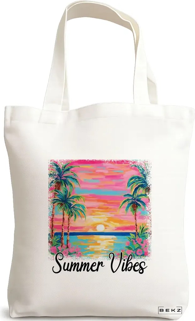 Sacosa de Panza pentru Cumparaturi, Geanta Tote, model Summer Vibes, 38 x 34.5 cm, Alba, BEKZ®