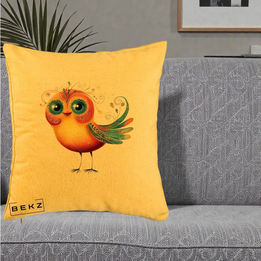 Perna Decorativa Pasare Vibranta cu Aripi Ornamentale, 40x40 cm, Galben, Husa Detasabila, Perna Inclusa, BEKZ®