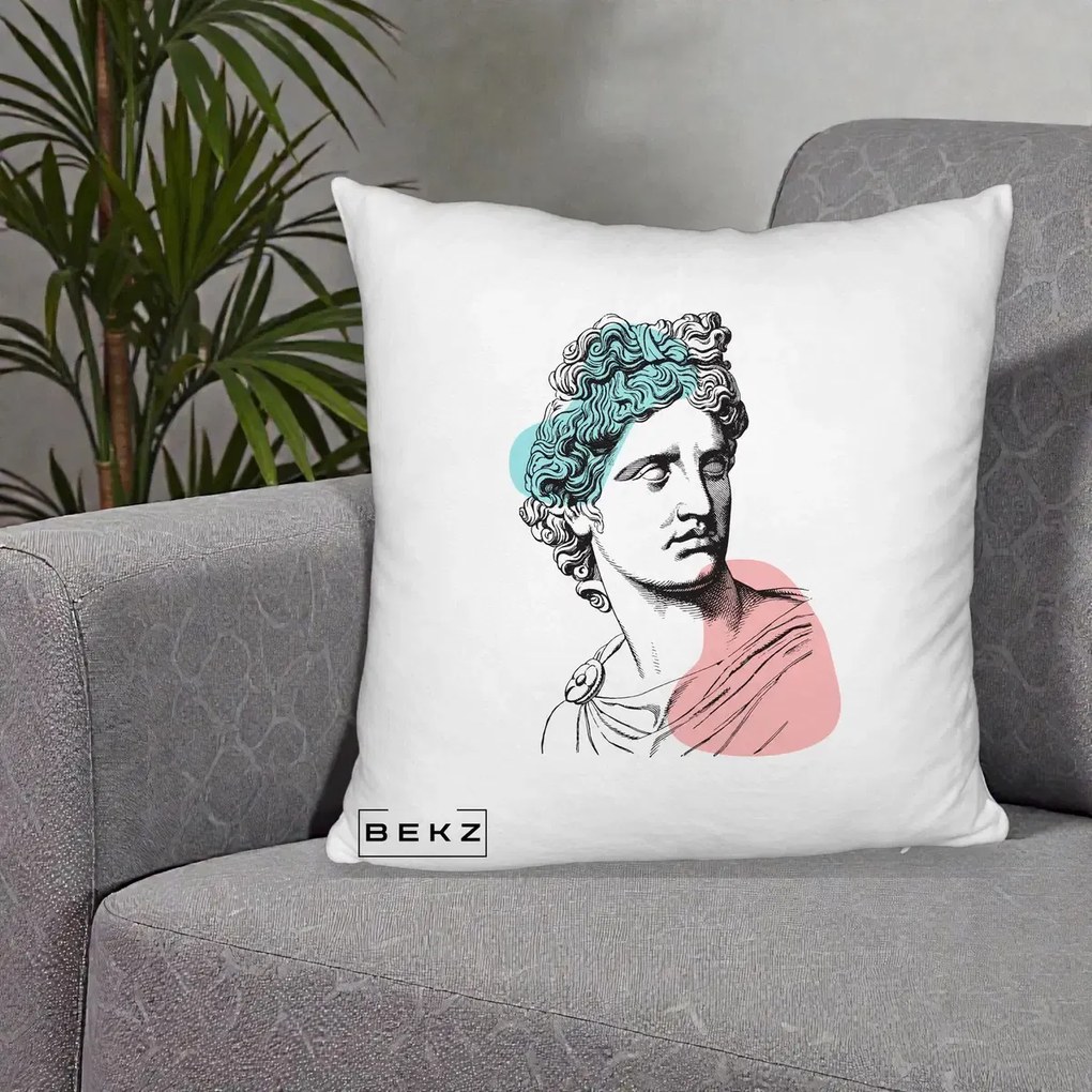 Perna Decorativa Bust Grec Vaporwave, 40x40 cm, Alb Pufos, Husa Detasabila, Perna Inclusa, BEKZ®