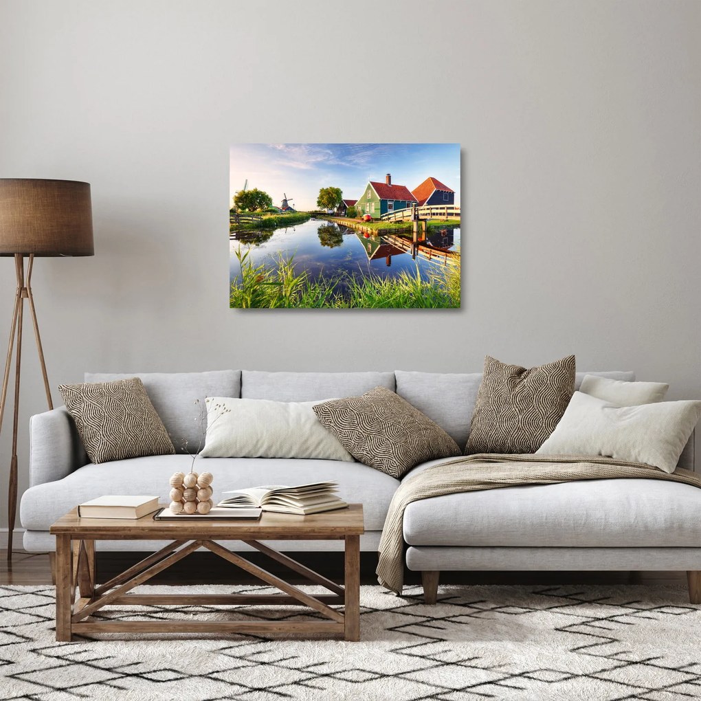 Tablou pe sticlă cu mori din Olanda (70x50 cm)