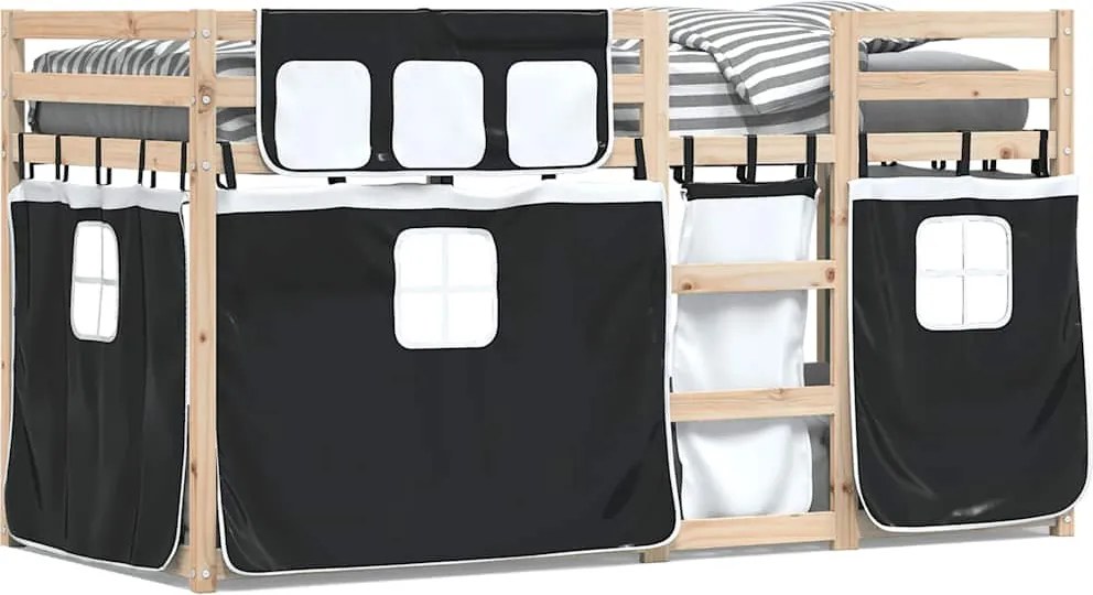 vidaXL Pat supraetajat de copii perdele, alb/negru, 75x190 cm lemn pin