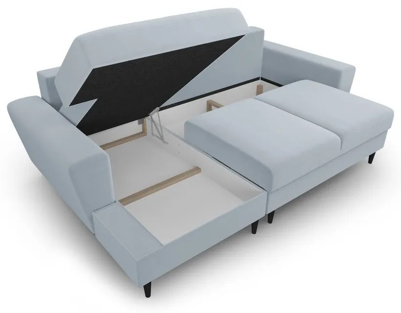 Colțar albastru deschis extensibil, cu spațiu de depozitare cu tapițerie din catifea (cu colț pe partea stângă, cu șezlong) Kyoto – Cosmopolitan Design