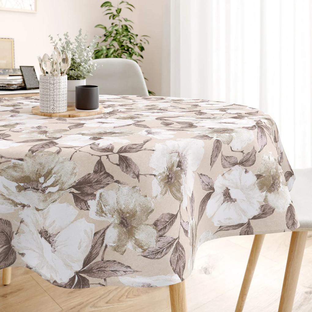 Goldea față de masă decorativă loneta - flori albe și maro cu frunze - rotundă Ø 110 cm