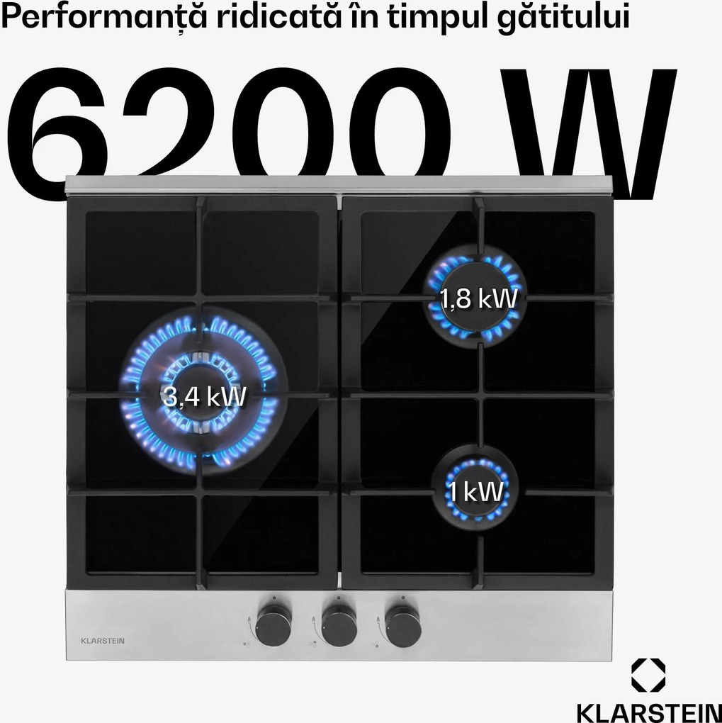 Klarstein Alchemist 3, plită pe gaz, 3 arzătoare din aluminiu, sticlă ceramică
