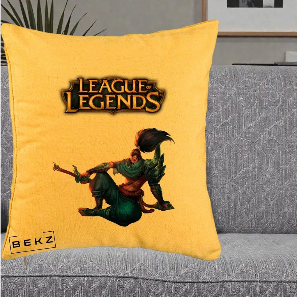 Perna Personalizata League of Legends Yasuo, 40x40 cm, Galben, Husa Detasabila, Perna Inclusa, BEKZ®