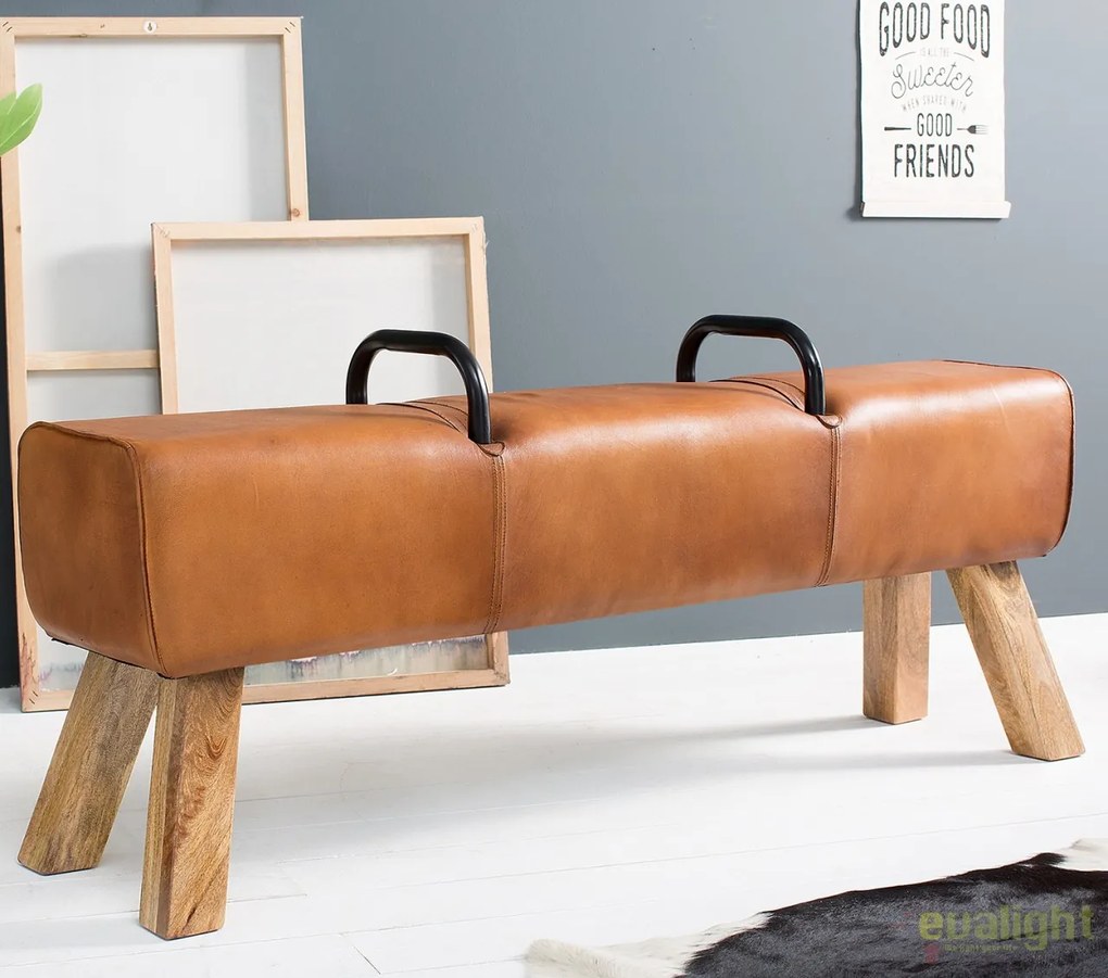 Bancheta cu piele naturala si picioare din lemn de mango Bock Kult