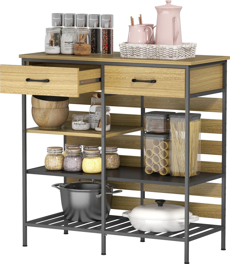 HOMCOM Bufet bucătărie, corp de depozitare cu 2 sertare și 3 rafturi deschise, 90 x 40 x 91 cm, lemn natural și negru | Aosom Romania