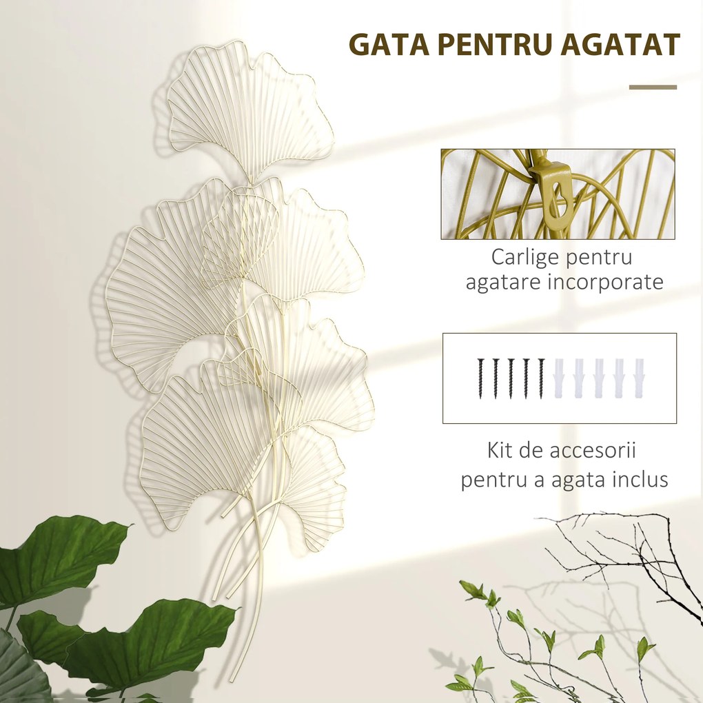 HOMCOM Decor de perete metalic 3D, frunze de ginkgo, auriu 51 x 94,5 cm | AOSOM RO