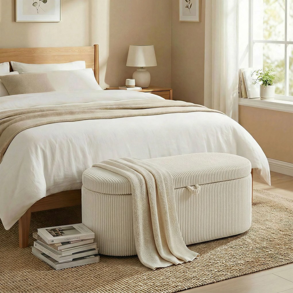 HOMCOM Ottomană de depozitare, tapițerie din cord cu șezut căptușit, bancă la capătul patului, 105 x 51 x 49 cm, Bej | Aosom Romania