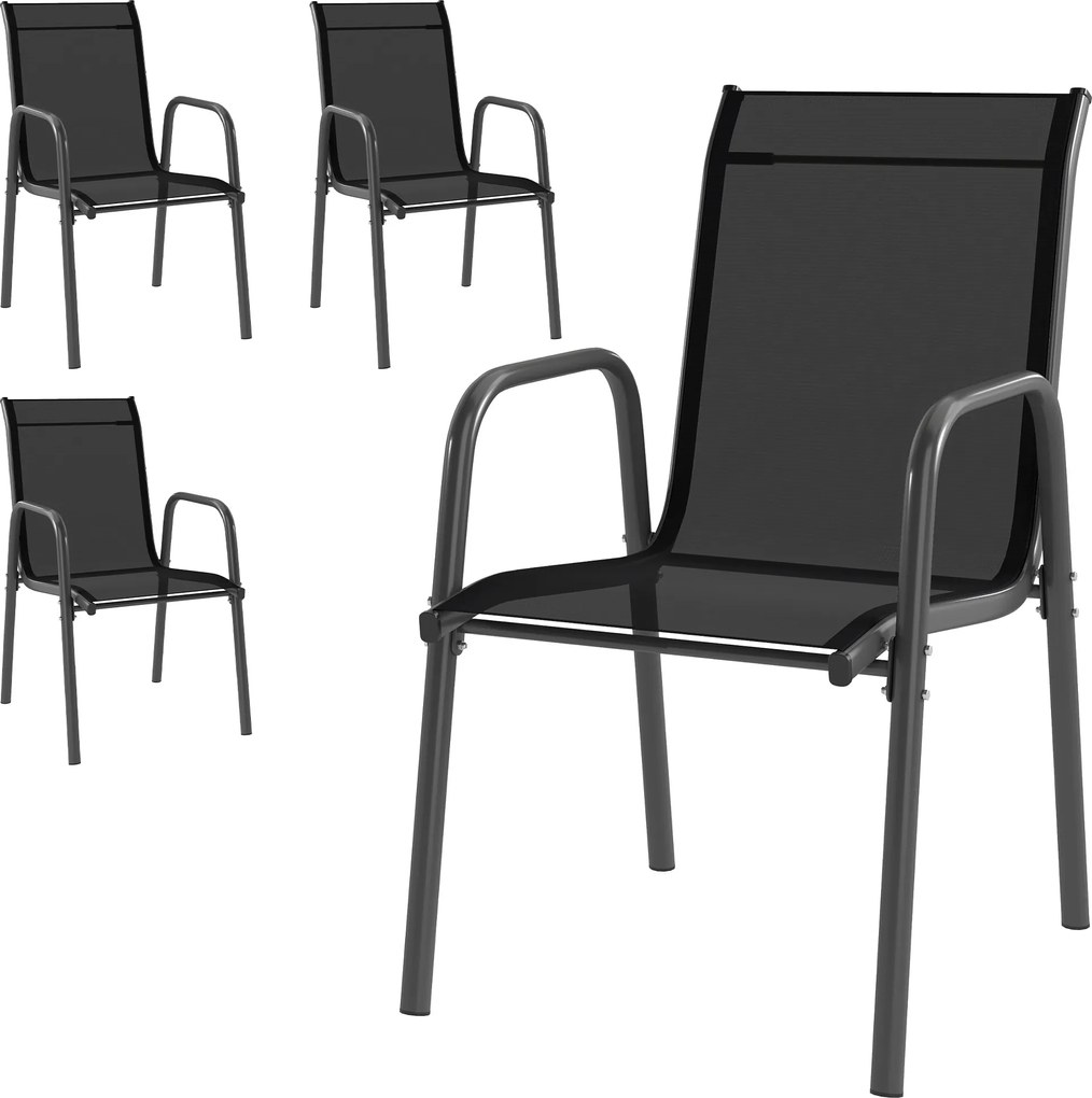Outsunny Set de 4 scaune de grădină exterioare, scaun de sufragerie stivuibil cu cotiere și spătar înalt, negru | Aosom Romania