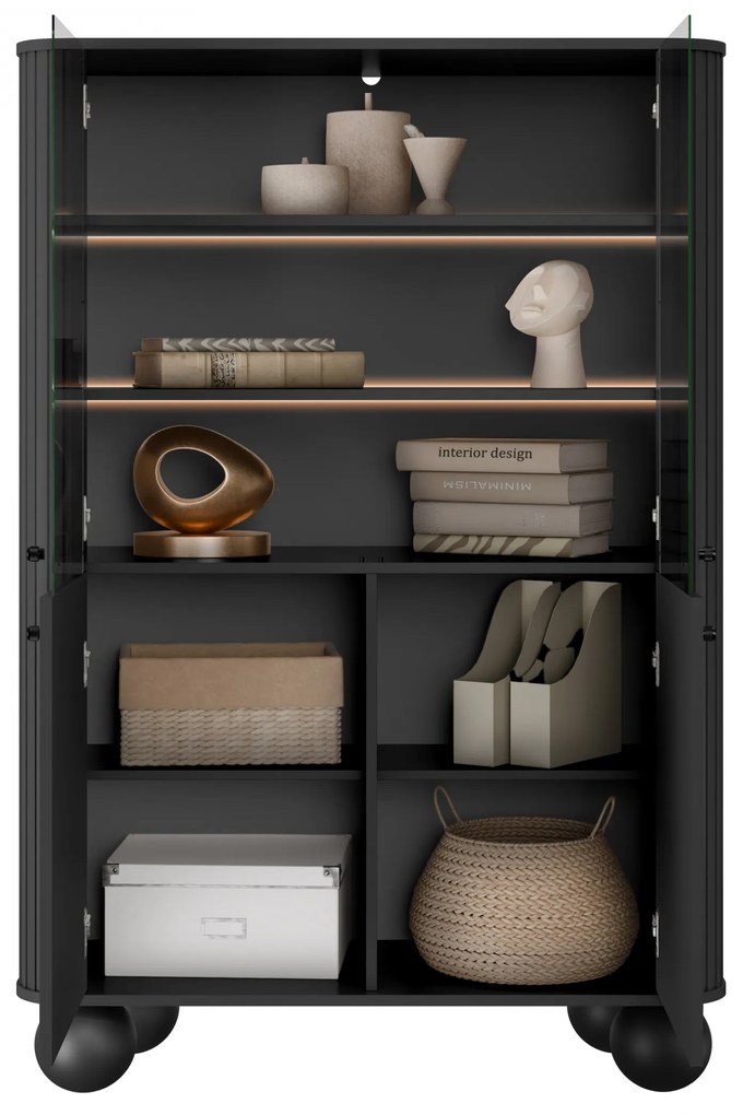 Vitrină cu patru uși Vesper 103 cm - negru / mânere negre / picioare rotunde