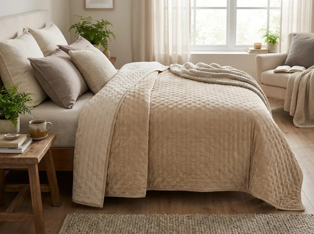 Cuvertura de pat din catifea ASTRALIA, bej Dimensiune: 170 x 210 cm