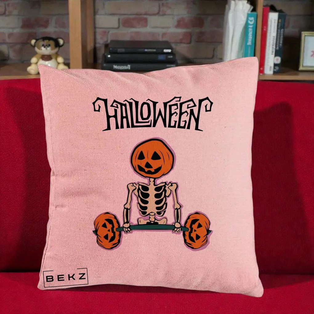 Perna Decorativa Halloween Schelet cu Cap de Dovleac Powerlifting, 40x40 cm, Roz, Husa Detasabila, Perna Inclusa, BEKZ®