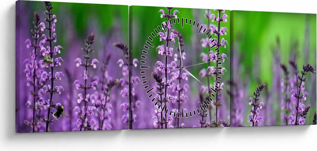 Tablou cu flori de luncă violete (cu ceas) (90x30 cm)