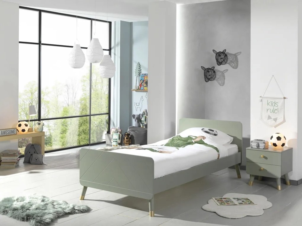 Set Pat Single și Noptieră pentru Copii, 2 Piese, 90x200 cm, Verde Olive (Pin Masiv și MDF) – Billy – Vipack