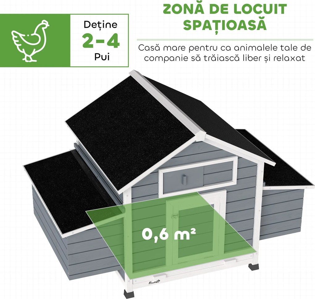 PawHut Coteț din Lemn cu 2 Cuiburi, Coteț Exterior pentru Găini cu Acoperiș Rezistent la Apă, Tavă Detașabilă și Prăjini, Adăpost pentru 2-4 Găini, Rațe, Grădină, 150x100x96,5 cm, Gri | Aosom Romania