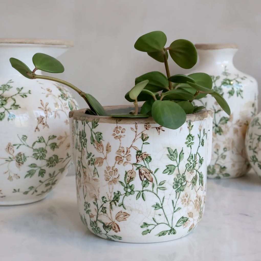 Ghiveci decorativ alb din ceramică antichizată, pictat manual, cu decor floral-vegetal, 11,5x13,5 cm, „Grasse"