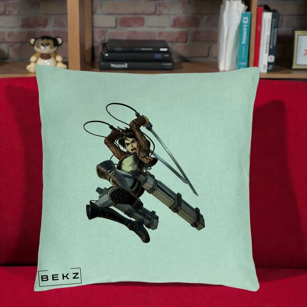 Perna Personalizata Attack on Titan Eren Yeager Lupta, 40x40 cm, Verde Menta, Husa Detasabila, Perna Inclusa, BEKZ®