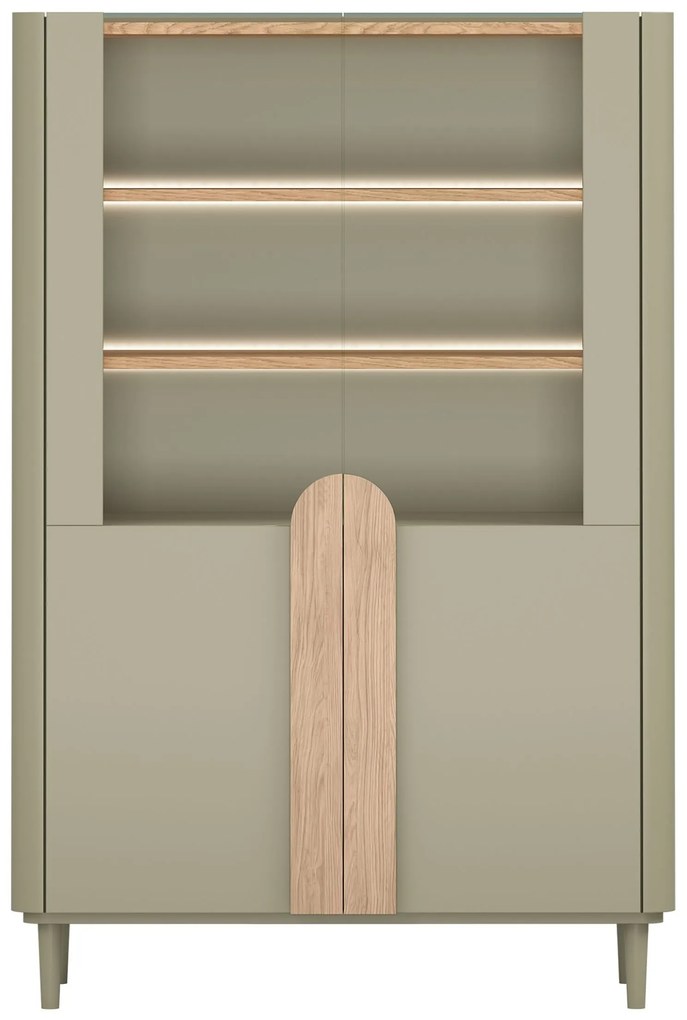 Vitrină cu picioare Amilio 100 cm, două uși - eucalipt / stejar baltic dune / mânere stejar natural