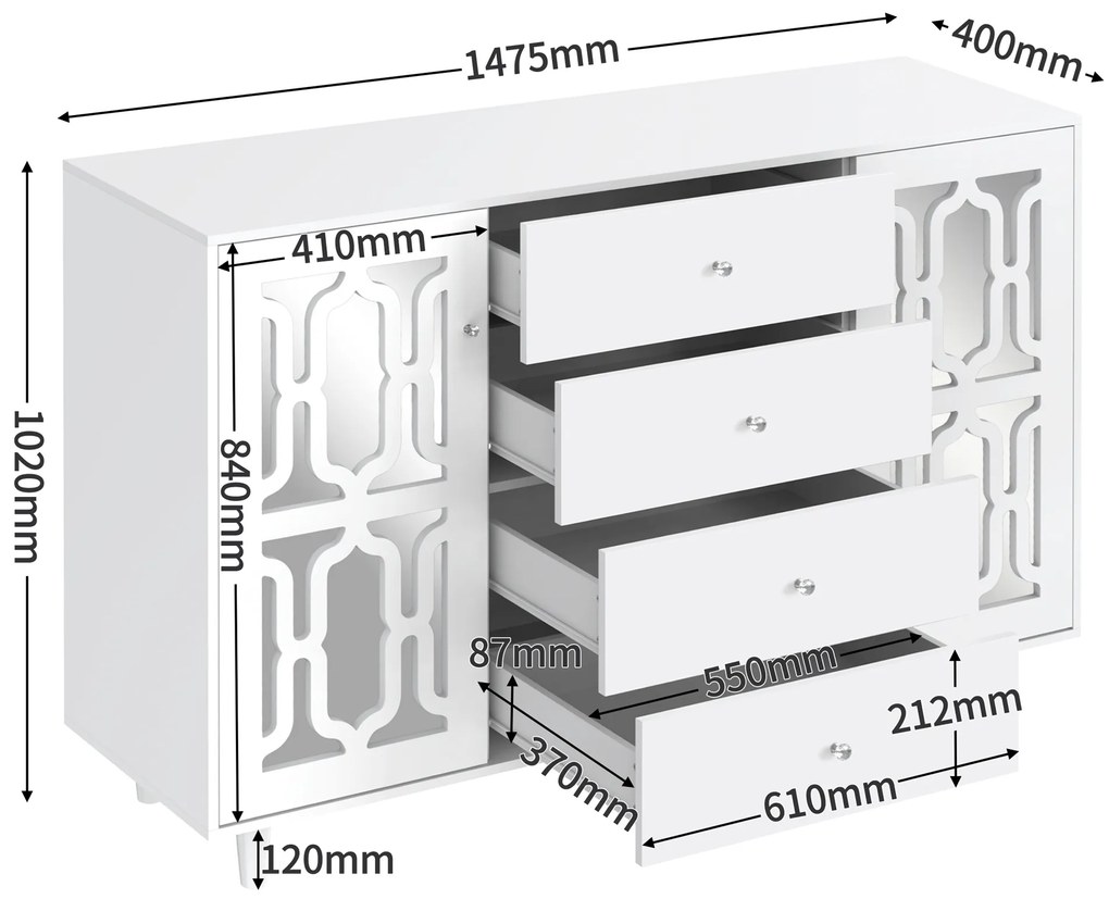 Comodă albă cu oglindă și mânere din cristal, culoare albă | Aosom România