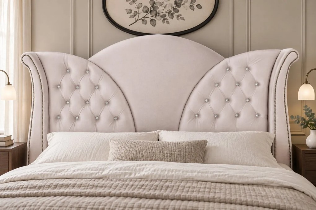 Pat tapițat Chesterfield din catifea Velora Deluxe 180×200 cm, crem, cu ladă de depozitare