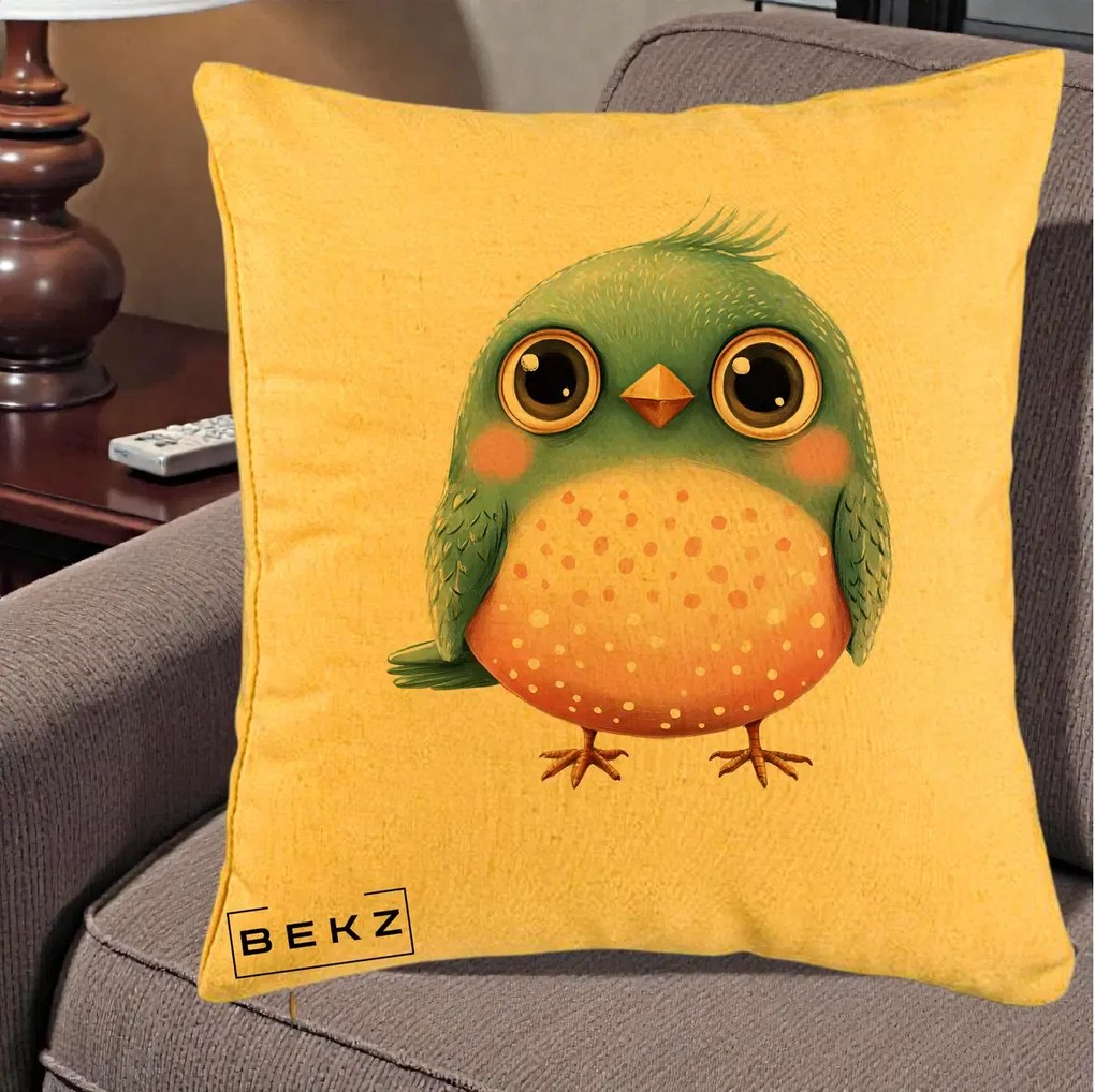 Perna Decorativa Pasare Teal-Roz cu Pete, 40x40 cm, Galben, Husa Detasabila, Perna Inclusa, BEKZ®