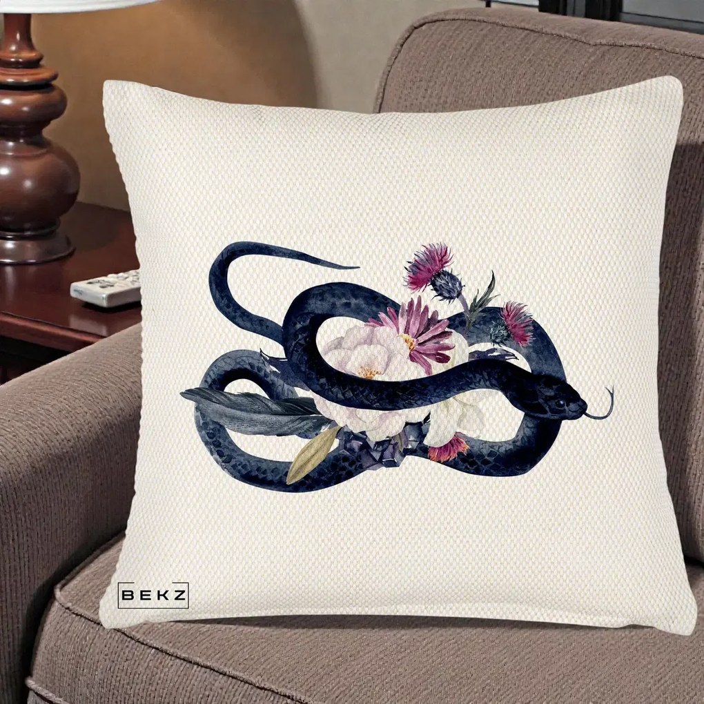 Perna Decorativa Sarpe Negru cu Flori Gothic, 40x40 cm, Crem Reliefat, Husa Detasabila, Perna Inclusa, BEKZ®