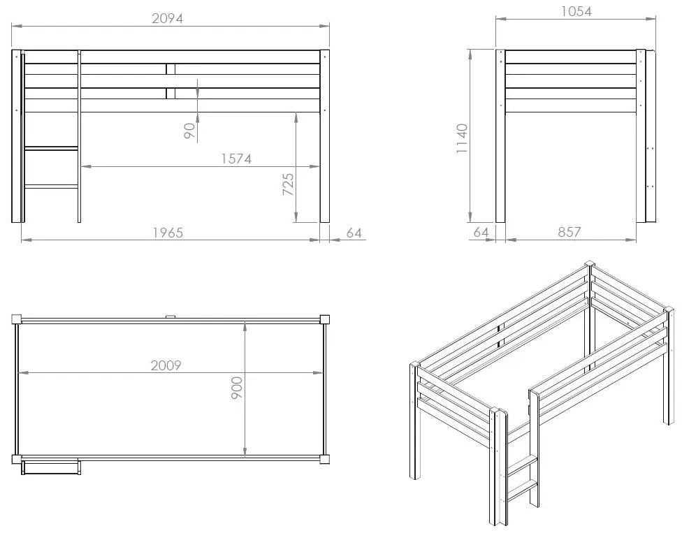 Pat copii supraînălțat Pino 90x200 cm cu husă Birdy și 3 buzunare textile pentru copii – Vipack [Dimensiuni: 208x98x114 cm]