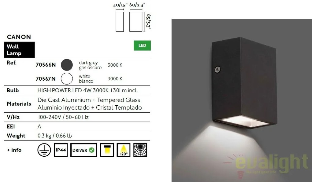 Aplica LED de perete exterior IP44 CANON-2 alba 70567N