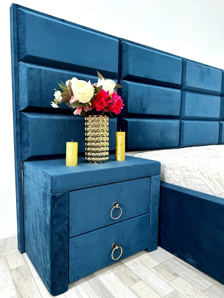Dormitor complet Roma, culoare albastru / alb, cu pat Roma 160 x 200 cm, dressing Erika, 2 noptiere Roma si comoda Viena