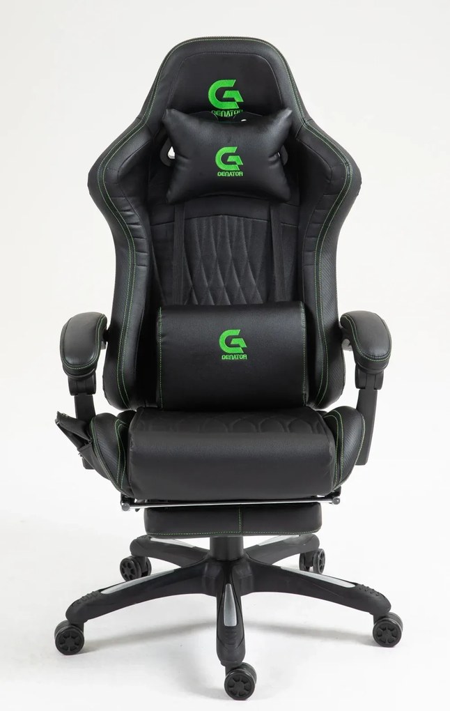 RESIGILAT- Scaun gaming, Masaj in 7 puncte, Boxe Bluetooth, funcție șezlong, 90-155 grade, suport picioare, PU, Negru/cusatura verde