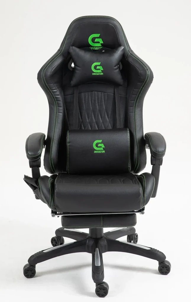RESIGILAT- Scaun gaming, Masaj in 7 puncte, Boxe Bluetooth, funcție șezlong, 90-155 grade, suport picioare, PU, Negru/cusatura verde