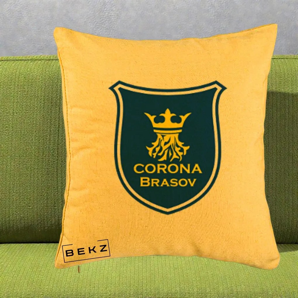 Perna Personalizata Corona Brasov Fotbal, 40x40 cm, Galben, Husa Detasabila, Perna Inclusa, BEKZ®