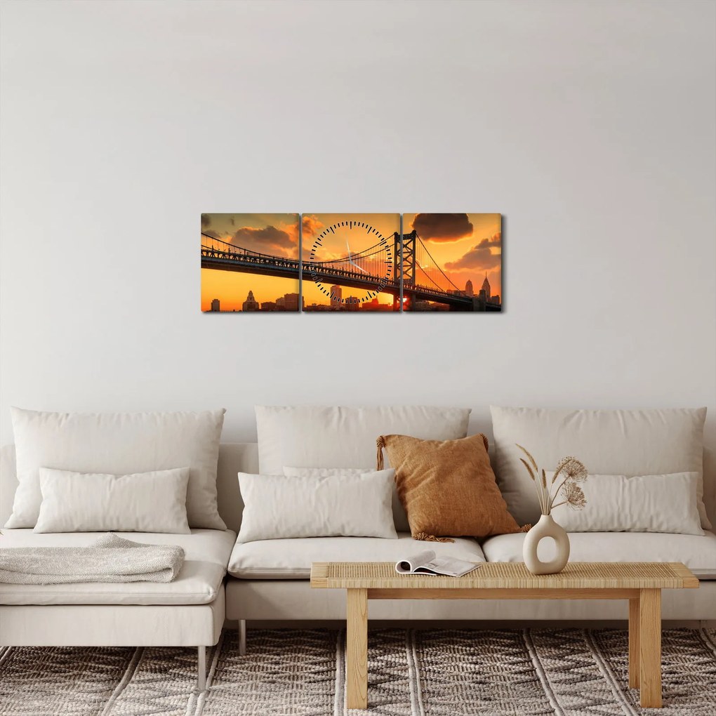 Tablou - Apus de soare peste Podul Ben Franklin, Philadelphia (cu ceas) (90x30 cm)