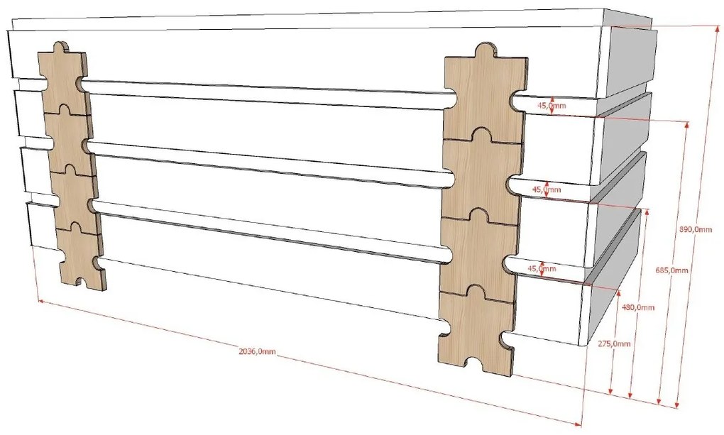 Set MODULO format din 3 Pat copii MODULO (90 x 200 cm) cu picioare Pat copii în formă de piesă de puzzle.