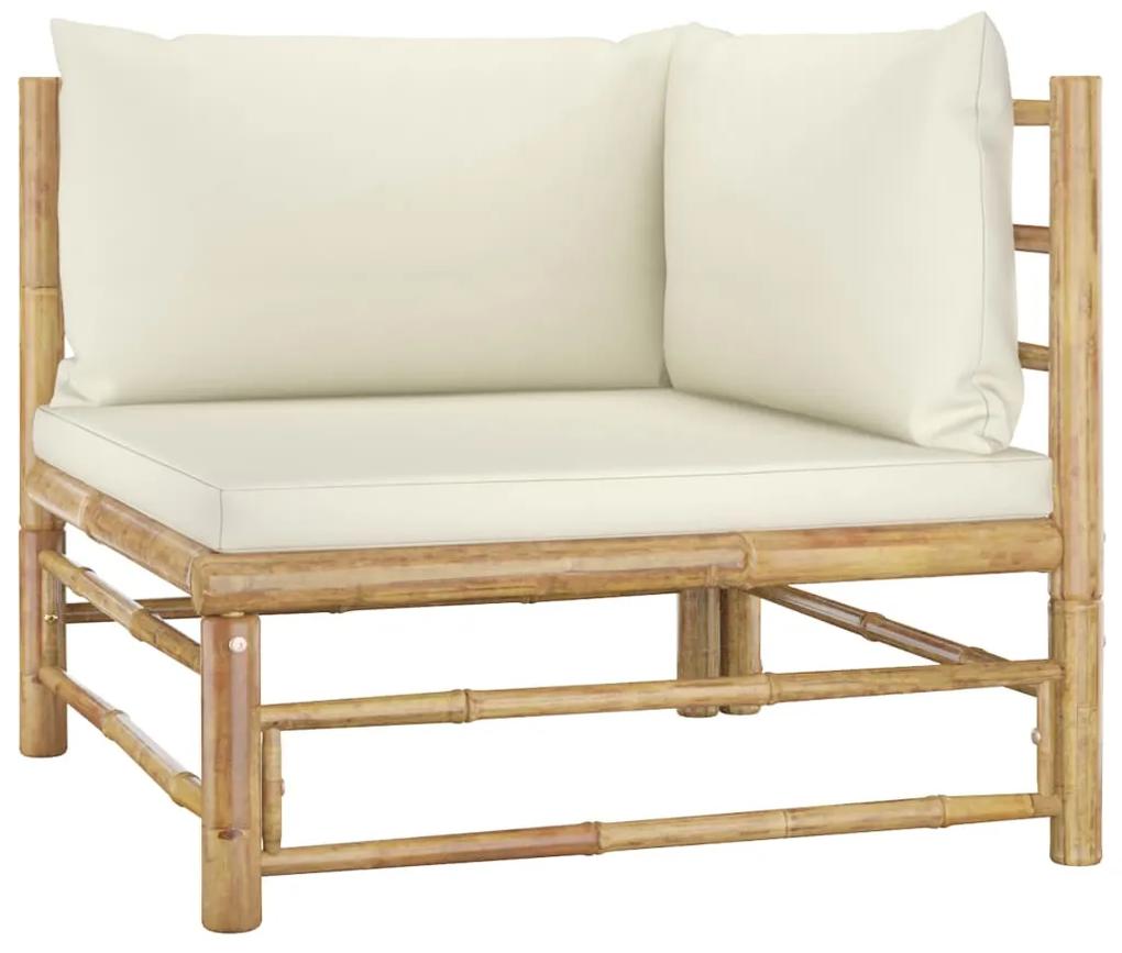 Set mobilier de gradina, 9 piese, perne alb crem, bambus Crem, 3x colt + 4x mijloc + suport pentru picioare + masa, 1