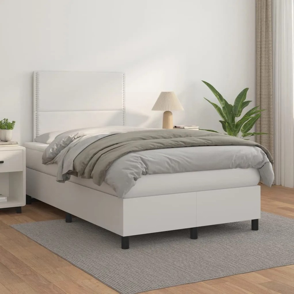 vidaXL Pat box spring cu saltea, alb, 120x200 cm, piele ecologică