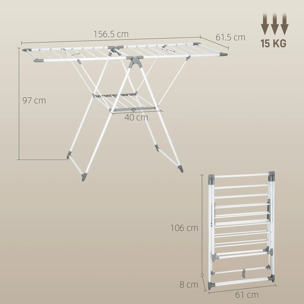 HOMCOM Uscător de Rufe cu 2 Niveluri Reglabil pe 4 Înălțimi Diferite, Uscător din Metal și Plastic, 156.5x61.5x97 cm, Alb | Aosom Romania