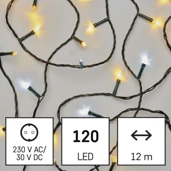 Ghirlandă LED de Crăciun pentru exterior, 120 LED, 2 funcții, 17 m, IP44, alb cald/alb rece
