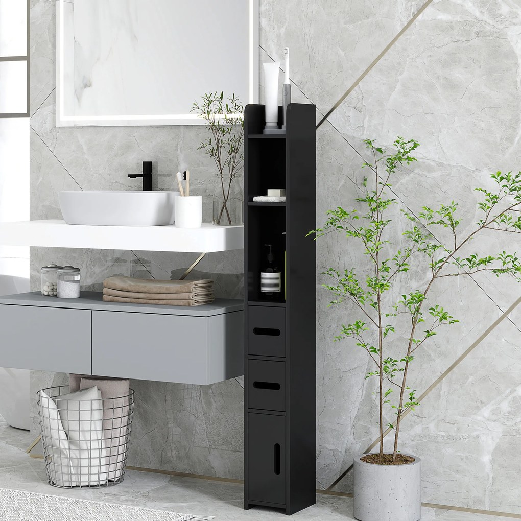 Kleankin Dulap Înalt de Baie cu Rafturi și Dulapuri, Mobilier Baie Înalt Spațiu de Depozitare, din Lemn, 15x17x120 cm, Negru | Aosom Romania