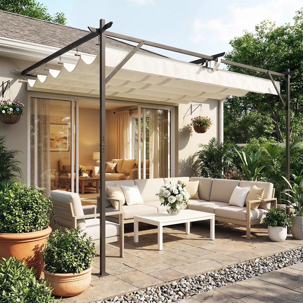 Outsunny Pergolă Montată pe Perete 3x4 m cu Acoperiș Retractabil Glisant, Găuri de Drenaj, Pergolă de Grădină din Poliester și Oțel, pentru Terasă, Grădină, Exterior, UV30+, Crem | Aosom Romania