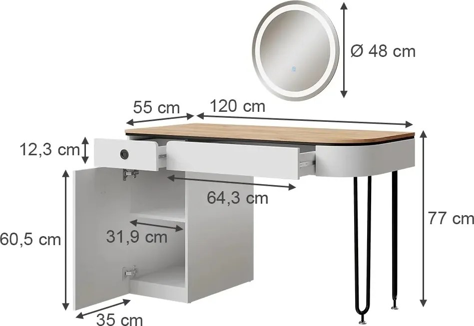 Masuta machiaj cu Oglinda LED si 2 Sertare pentru Cosmetice, Set Masa toaleta 120 cm, Alb, masuta cosmetica, vanity - SEA808