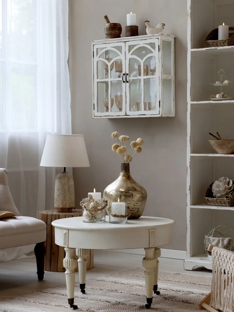 Dulap de perete shabby chic, alb antichizat, cu 2 uși din sticlă