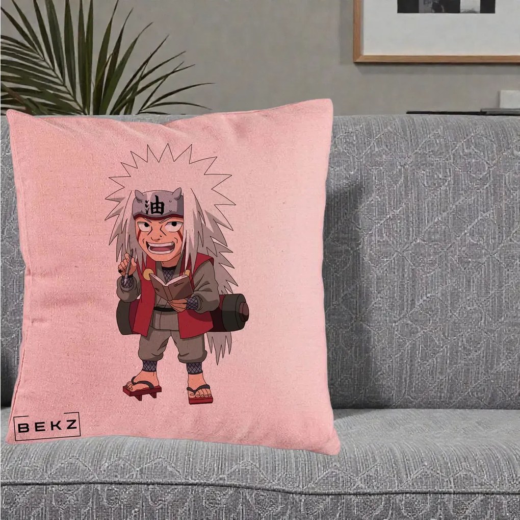 Perna Personalizata Naruto Jiraiya Sensei Chibi, 40x40 cm, Roz, Husa Detasabila, Perna Inclusa, BEKZ®