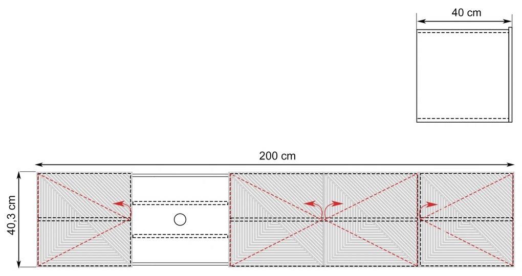 Dulap TV suspendat Asha 200 cm, partea frontală riflat și nișă – stejar artisan / rivier stone mat