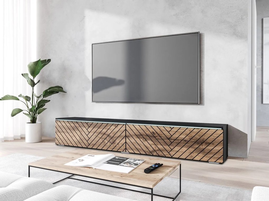 Dulap TV Dlana 180 MDF (Negru grafit + Stejar wotan) (cu iluminat LED alb). 1106214