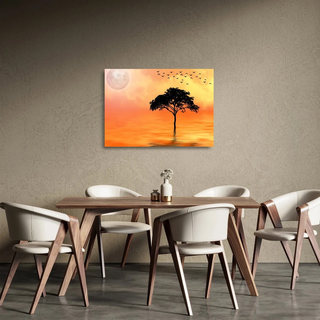 Tablou pe sticlă cu copac în apus de soare (70x50 cm)