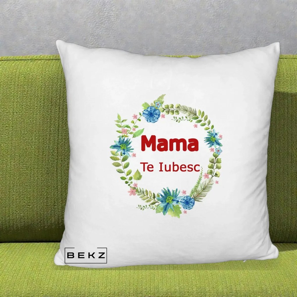 Cadou pentru Mama - Perna Personalizata Mama Te Iubesc Flori Albastre, 40x40 cm, Alb Pufos, Husa Detasabila, Perna Inclusa, BEKZ®