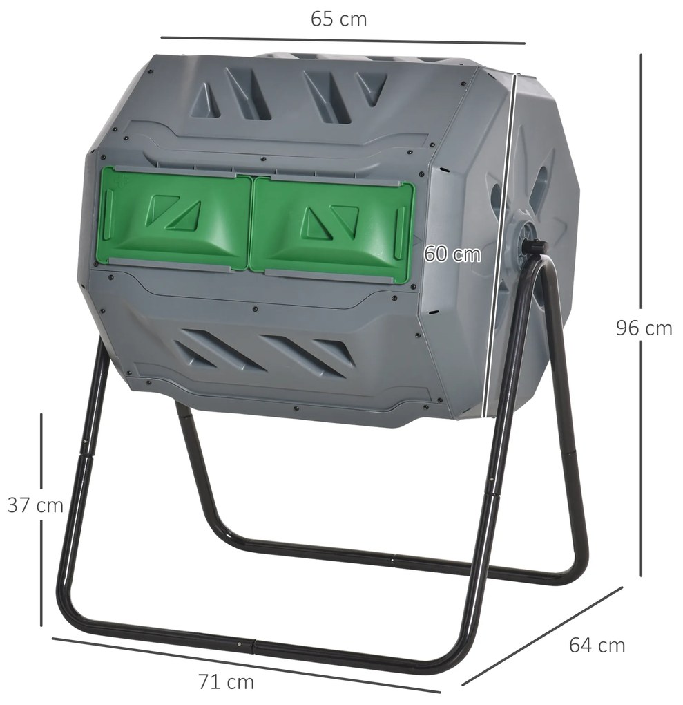 Outsunny Compostor Rotativ cu 2 Secțiuni și 8 Prize de Aerisire din Oțel și PP, 160L, 71x65x96 cm, Gri | Aosom Romania