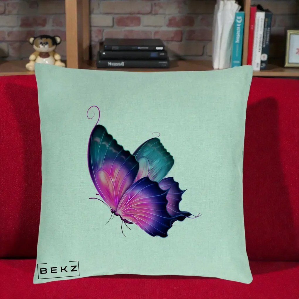 Perna Decorativa Fluture Neon, 40x40 cm, Verde Menta, Husa Detasabila, Perna Inclusa, BEKZ®